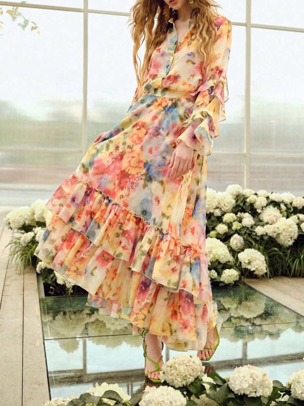 Multicolor Boho Womens Premium Romantic Elegant floral Printed ruffle maxi Skirt - Picture 6 of 7